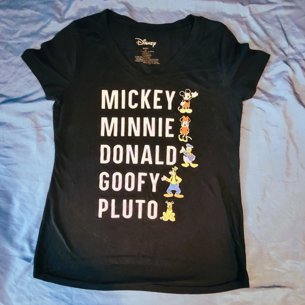 Disney's Original 5 T-shirt Mickey MInnie Donald Goofy Pluto on Black Junior XS